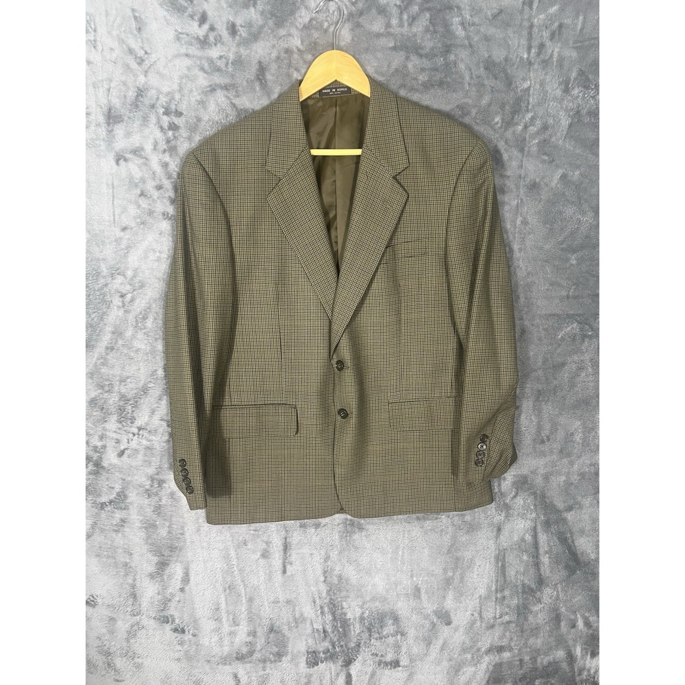 Vintage Mens 100% Wool Houndstooth Blazer Brown Green Two Button Sport Coat 44R